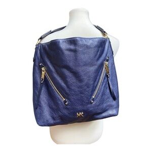 Michael Kors Evie Large Pebbled Leather Hobo Shoulder Bag Blue